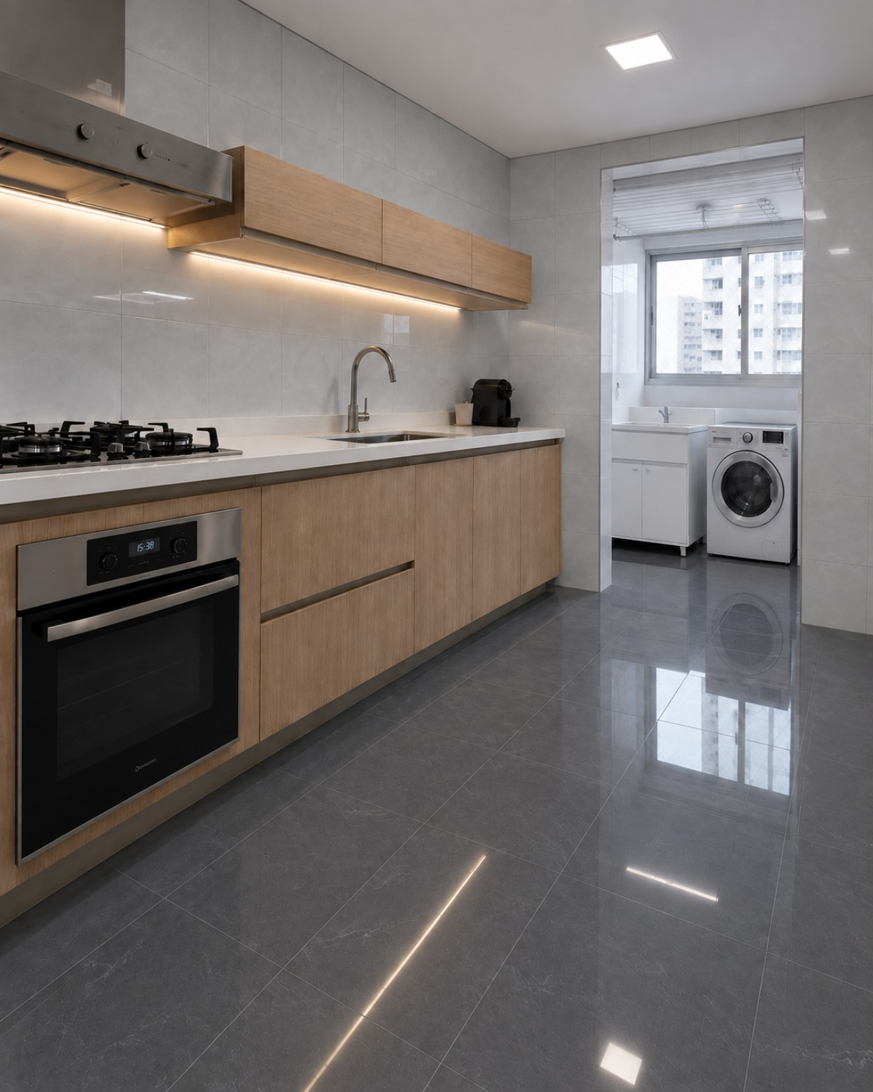 Cozinha integrada à lavanderia com Rivesti SafeFloor™ Cimento Queimado no piso, destacando o acabamento vitrificado e o reflexo intenso da superfície. O revestimento de matriz polimérica oferece conforto térmico e acústico, baixa absorção de água e maior resistência ao escorregamento. Pode ser aplicado diretamente sobre o piso existente com PU40, renovando o ambiente sem quebra-quebra.