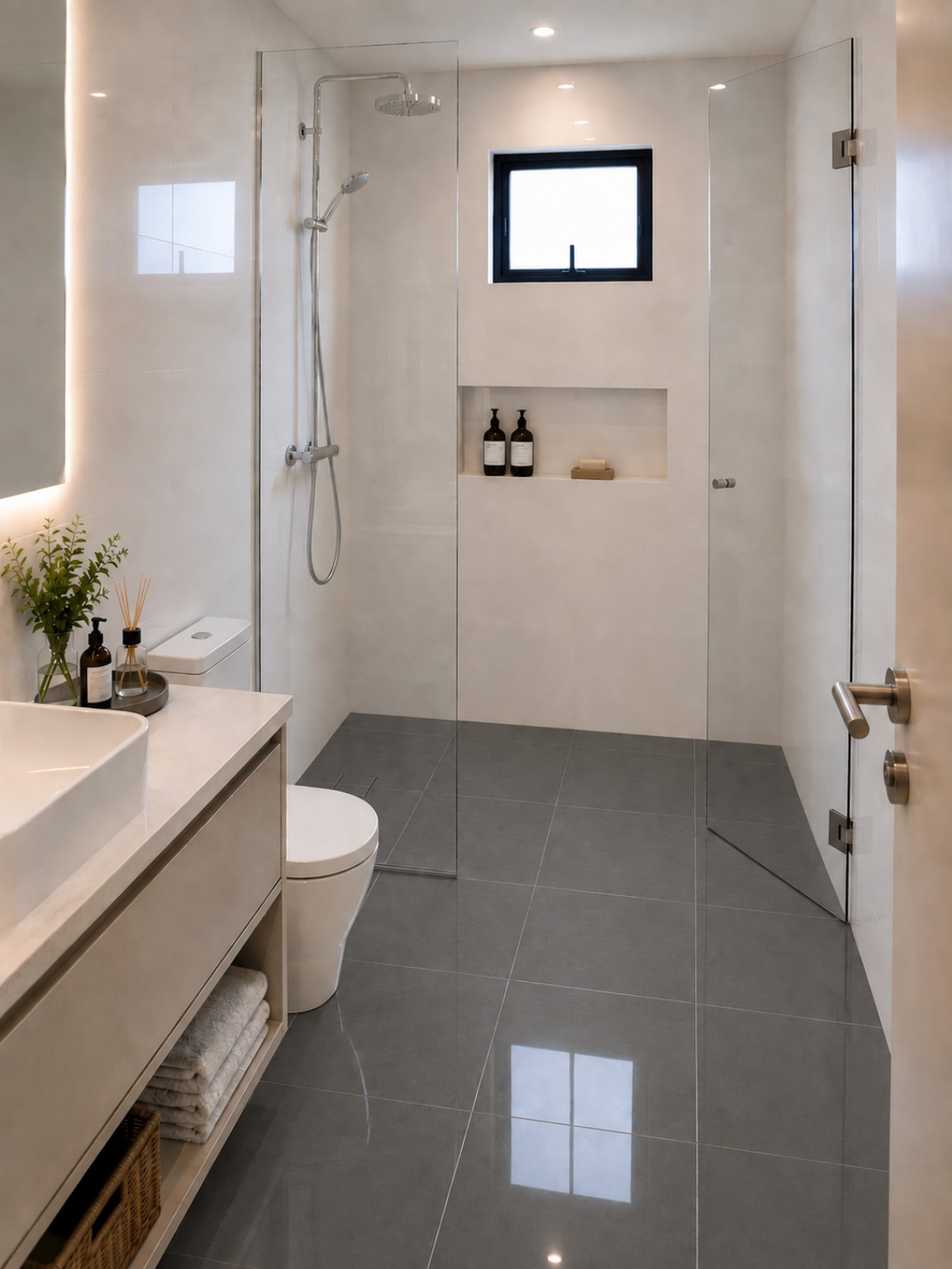 Banheiro contemporâneo com Rivesti SafeFloor™ Cimento Queimado no piso, inclusive na área do box. O acabamento vitrificado de alto brilho reflete a luz e contrasta com as paredes claras, enquanto a tecnologia de superfície NanoShield proporciona maior resistência ao escorregamento em contato com água. Revestimento indicado para reforma piso sobre piso e áreas molhadas e molháveis.