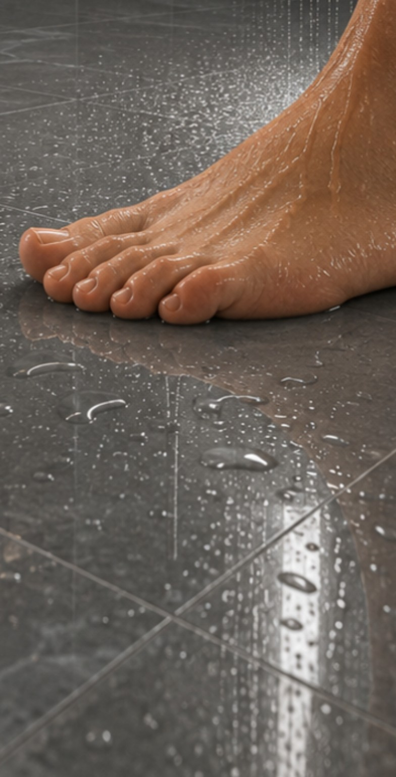 Pé descalço sobre Rivesti SafeFloor™ Cimento Queimado molhado, demonstrando a segurança da superfície vitrificada mesmo em contato com água. A exclusiva tecnologia NanoShield combina alto brilho com maior resistência ao escorregamento, permitindo o uso do revestimento em banheiros, cozinhas e outras áreas molhadas sem abrir mão do acabamento sofisticado.