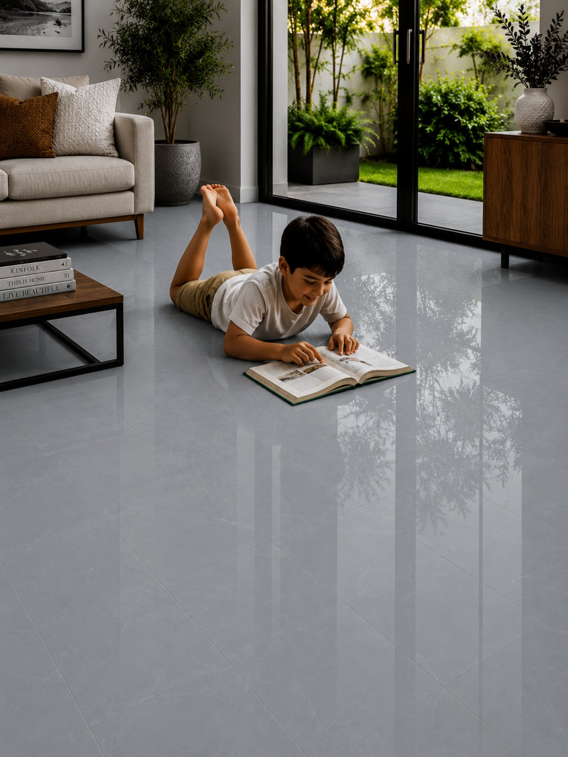 Sala de estar com Rivesti SafeFloor™ Elefante aplicado no piso, com superfície vitrificada de alto brilho e juntas discretas. Revestimento piso sobre piso, instalado diretamente sobre o piso existente com adesivo PU40, proporcionando conforto térmico e acústico, toque mais agradável e uma superfície sofisticada, resistente e segura para os ambientes da casa.