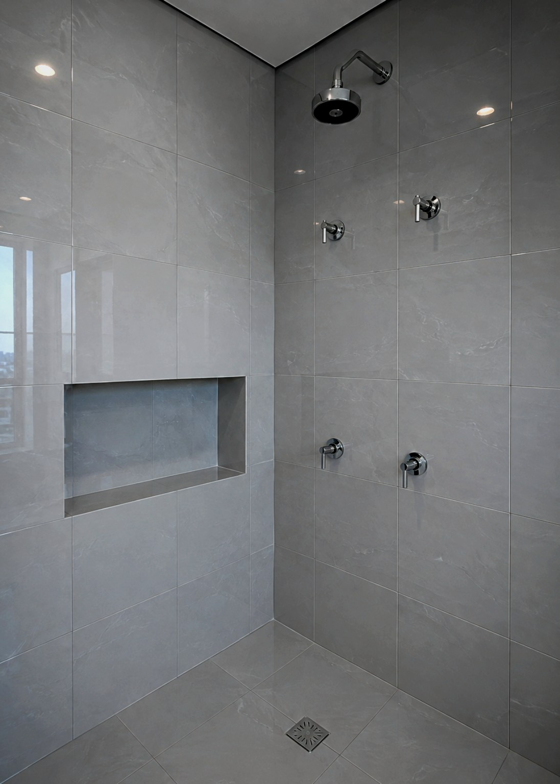 Banheiro com Rivesti SafeFloor™ Platina aplicado no piso e nas paredes da área do box, com superfície vitrificada de alto brilho e juntas discretas. Revestimento piso sobre piso, instalado diretamente sobre o acabamento existente com adesivo PU40, inclusive em áreas molhadas, combinando estética sofisticada, conforto e maior segurança contra escorregamentos mesmo quando molhado.