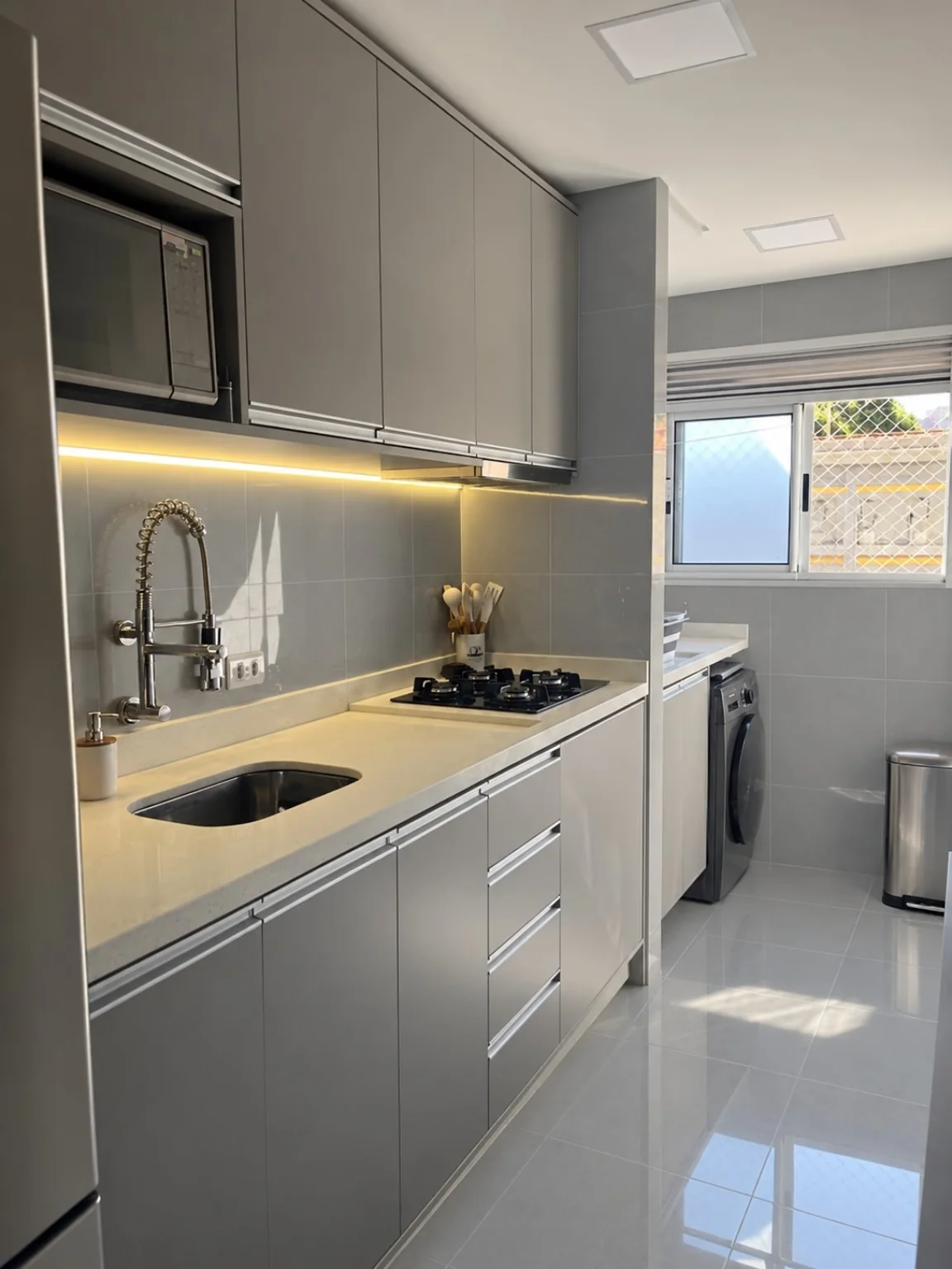 SafeFloor™ Cinza Urbano aplicado no piso e nas paredes de cozinha e lavanderia, revestimento 30 x 30 cm de alto brilho para aplicação piso sobre piso.