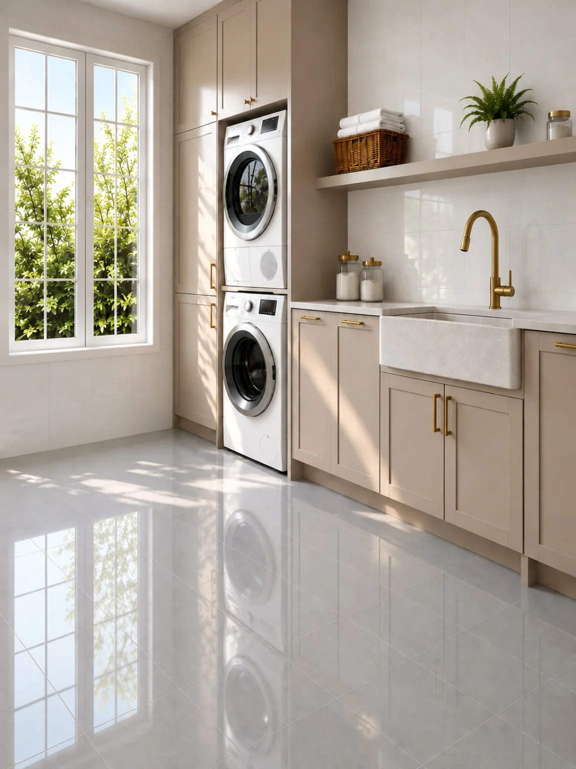 Lavanderia com SafeFloor™ Cinza Urbano no piso, revestimento vitrificado de alto brilho 30 x 30 cm aplicado sobre o revestimento existente.
