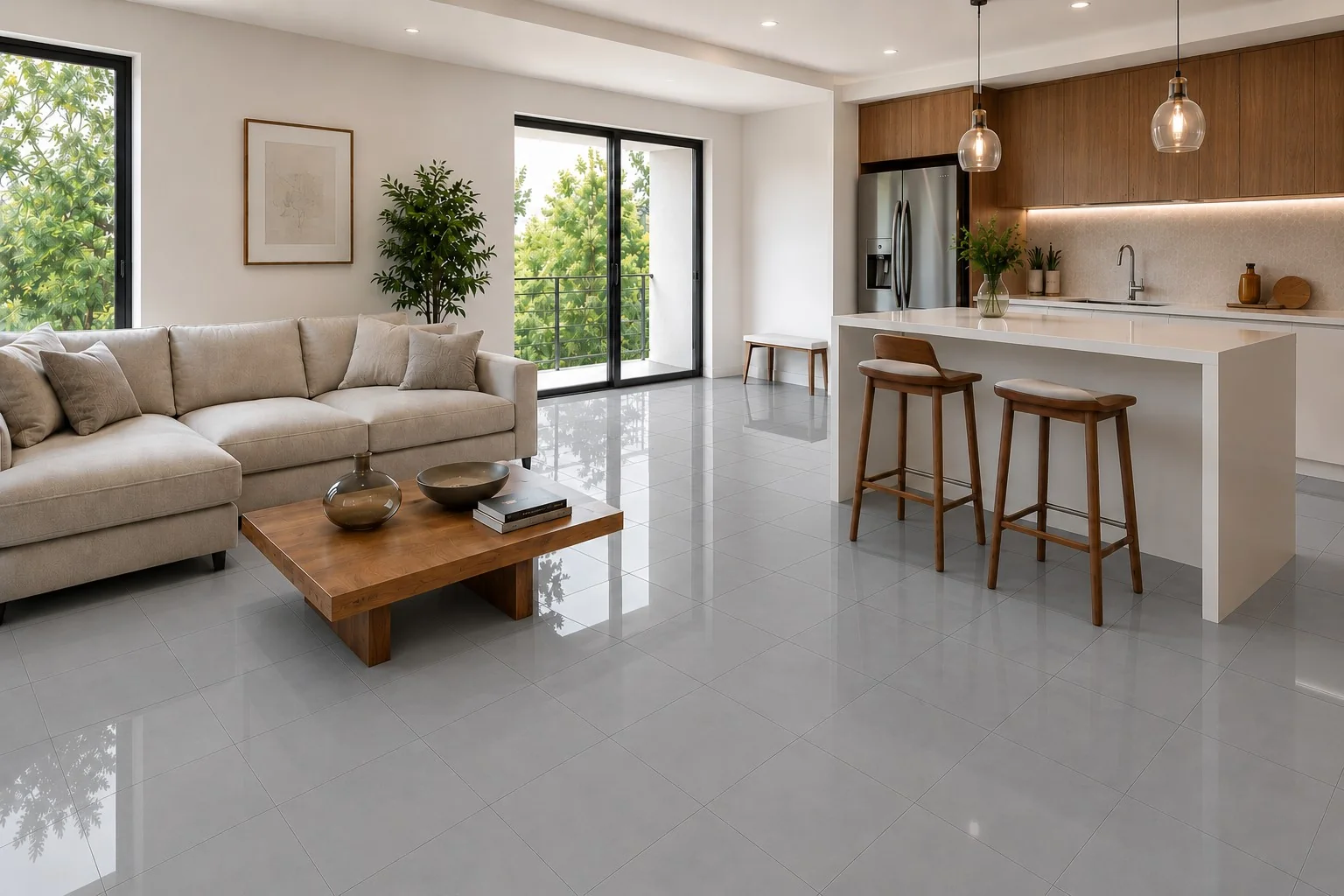 Sala de estar integrada à cozinha com piso SafeFloor™ Cinza Urbano de alto brilho, revestimento 30 x 30 cm para aplicação piso sobre piso.